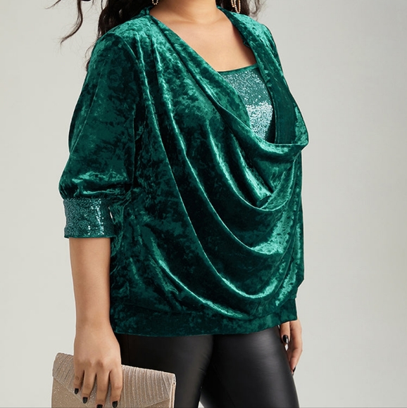 BloomChic Cowl Neck 2-In-1 Sequin Patchwork Blouse - Picture 2 of 2